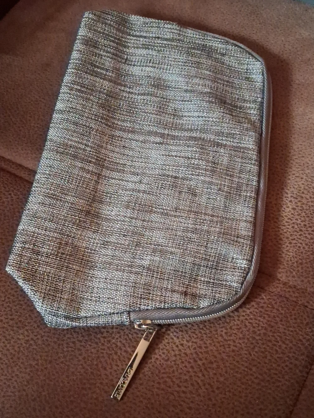 Lancôme Makeup Bag Gray Tweed With Silver Metallic Thread Woven In